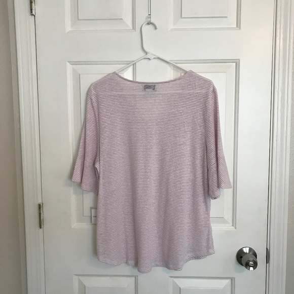 Liz Claiborne Linen-Blend Flounce Sleeve Stripe Tee Top Size XL Pink - Picture 2 of 6